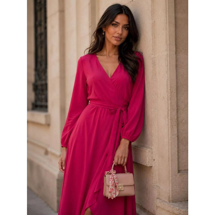 Long Sleeve Wrap Dress with Waist Tie Apparel and Accessories