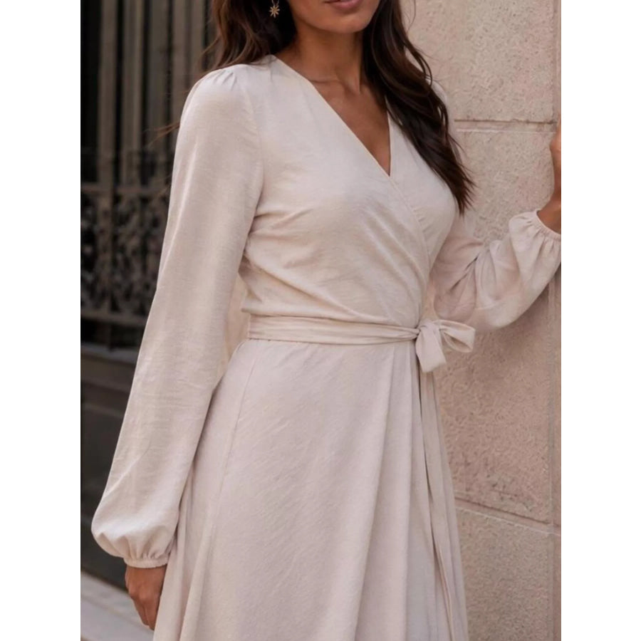 Long Sleeve Wrap Dress with Waist Tie Apparel and Accessories