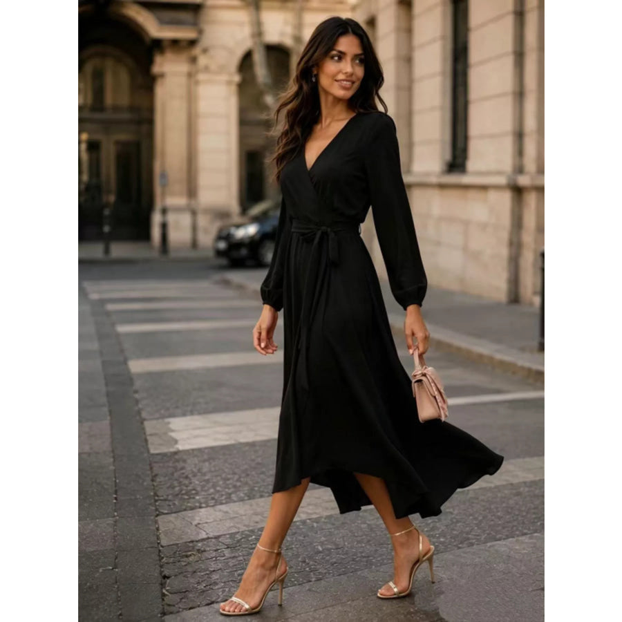Long Sleeve Wrap Dress with Waist Tie Apparel and Accessories