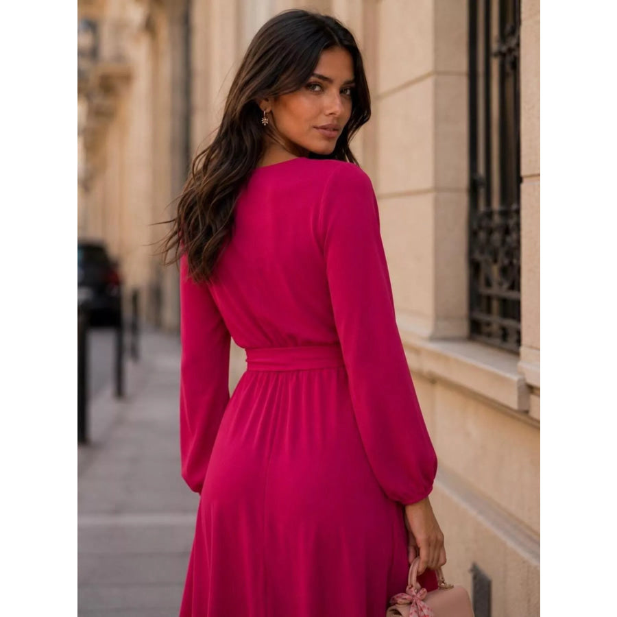 Long Sleeve Wrap Dress with Waist Tie Apparel and Accessories