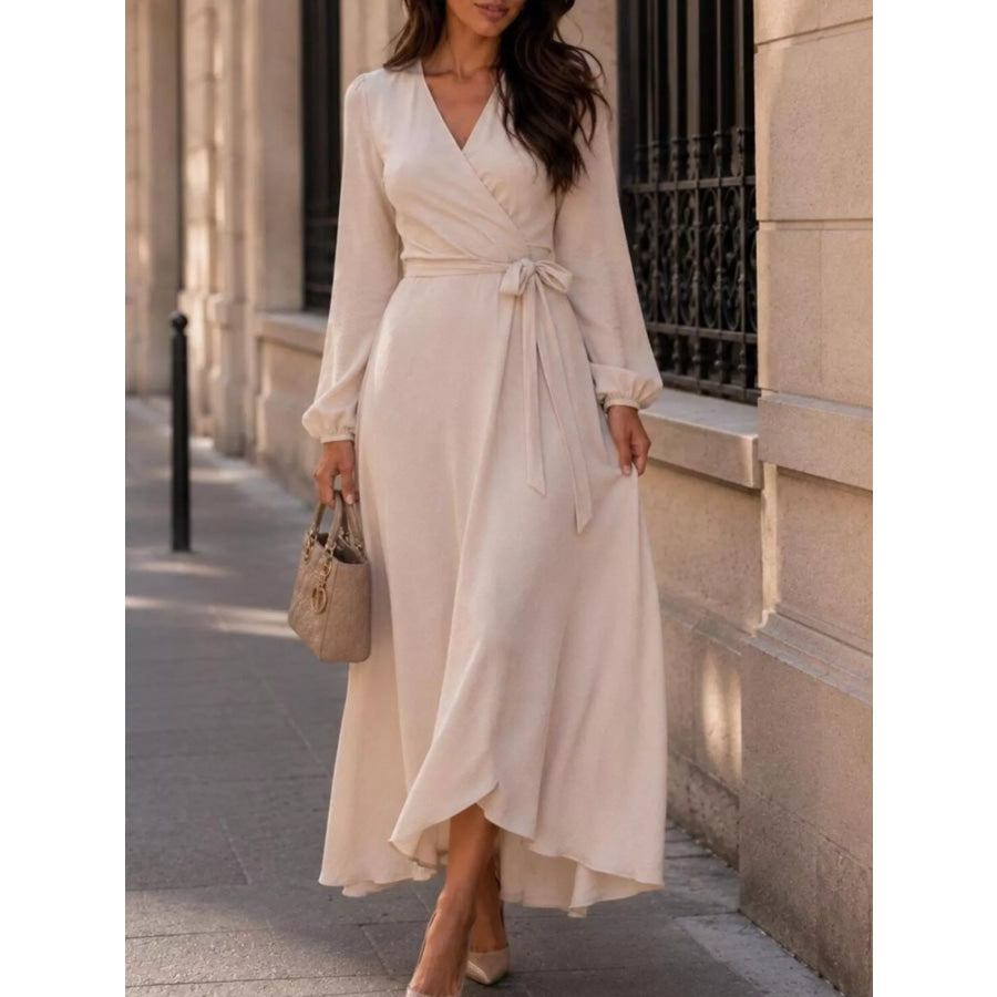 Long Sleeve Wrap Dress with Waist Tie Beige / S Apparel and Accessories
