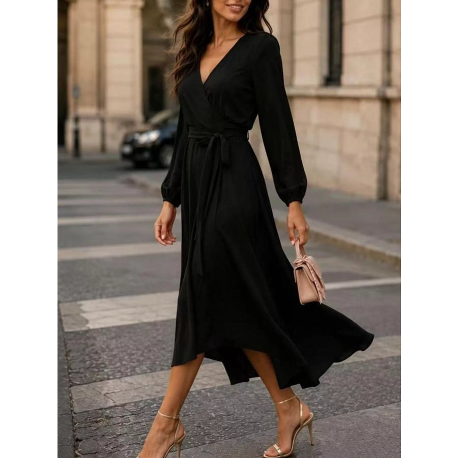 Long Sleeve Wrap Dress with Waist Tie Black / S Apparel and Accessories