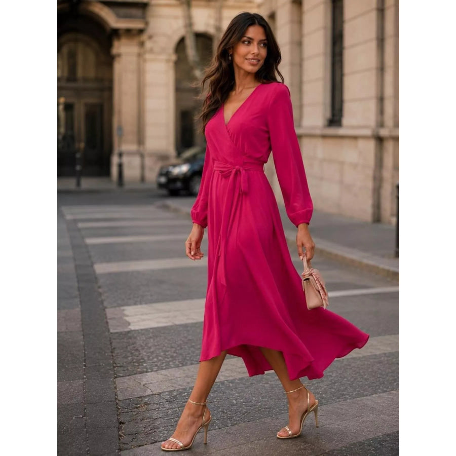 Long Sleeve Wrap Dress with Waist Tie Scarlet / S Apparel and Accessories