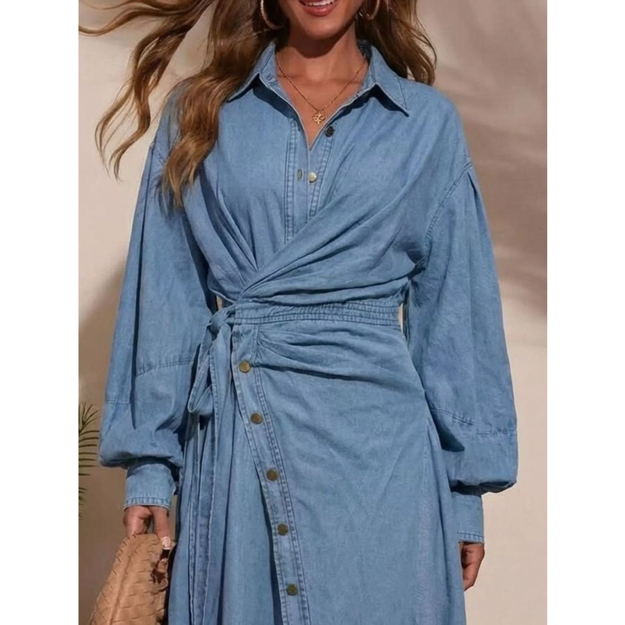 Long Sleeve Wrap-Front Denim Dress Light Blue / S Apparel and Accessories
