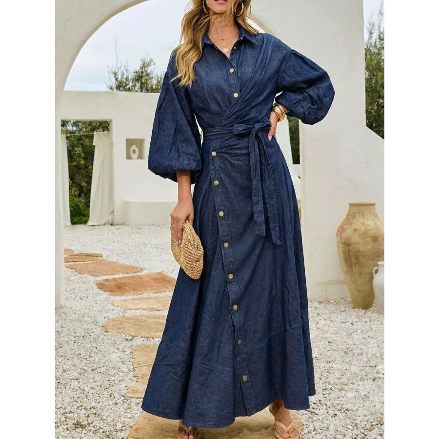 Long Sleeve Wrap-Front Denim Dress Dark Blue / S Apparel and Accessories