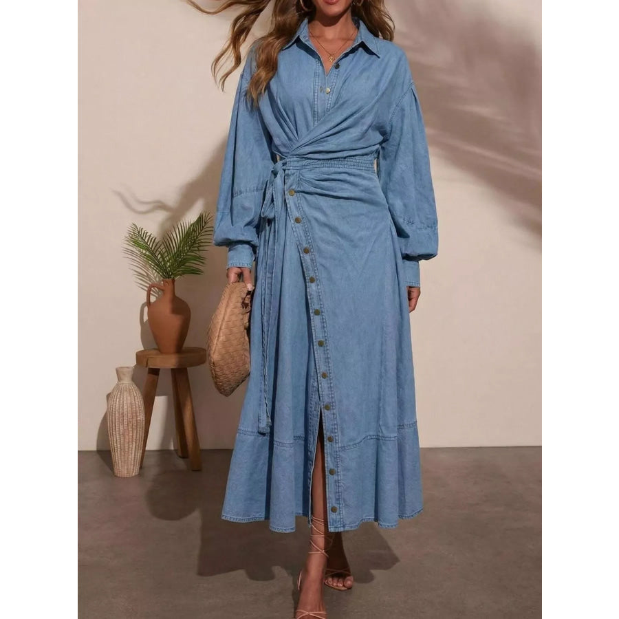 Long Sleeve Wrap-Front Denim Dress Light Blue / S Apparel and Accessories