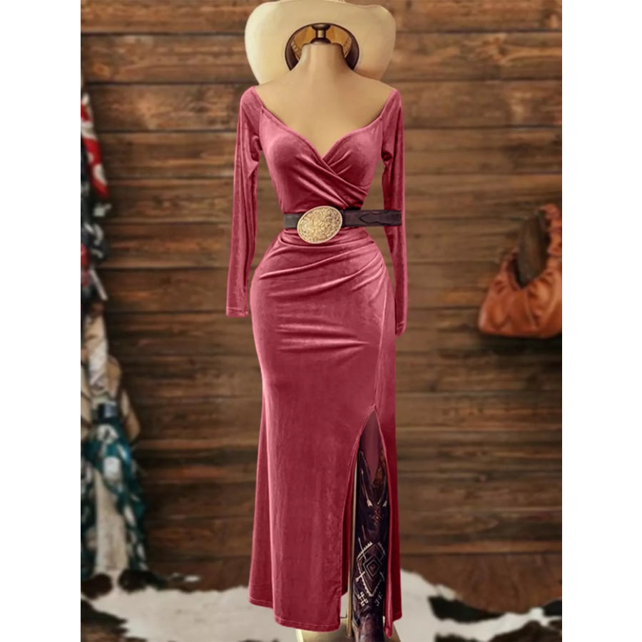 Long Sleeve Wrap Midi Dress with Slit Apparel and Accessories
