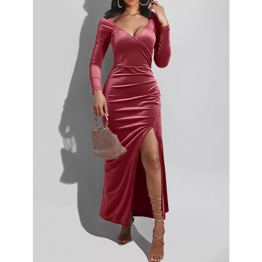 Long Sleeve Wrap Midi Dress with Slit Apparel and Accessories