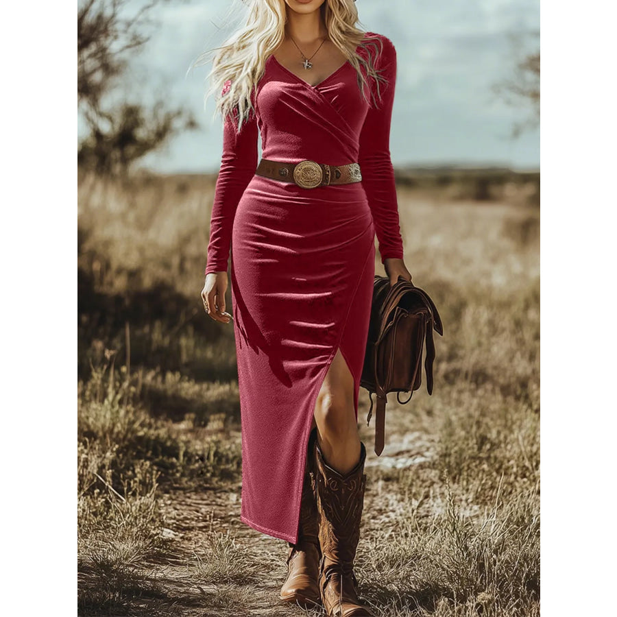 Long Sleeve Wrap Midi Dress with Slit Cerise / S Apparel and Accessories
