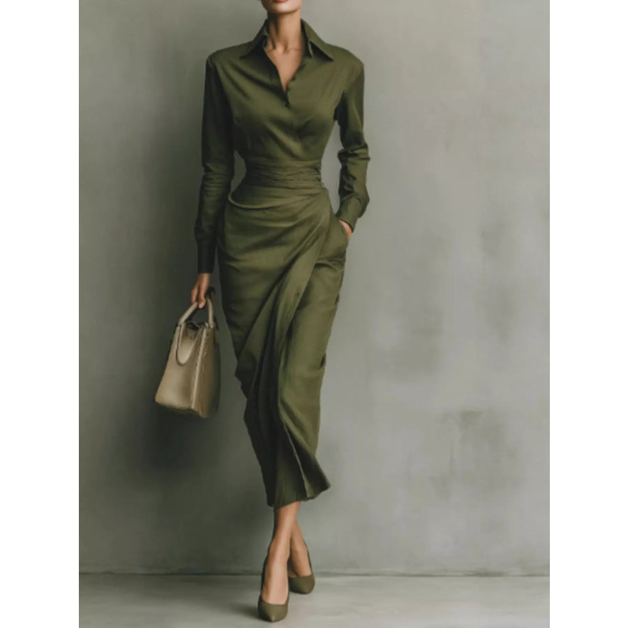 Long-Sleeve Wrap Midi Shirt Dress Green / S Apparel and Accessories