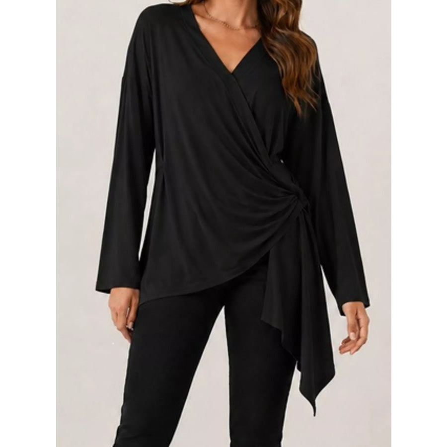 Long Sleeve Wrap T-Shirt with Side Knot Detail Black / S Apparel and Accessories