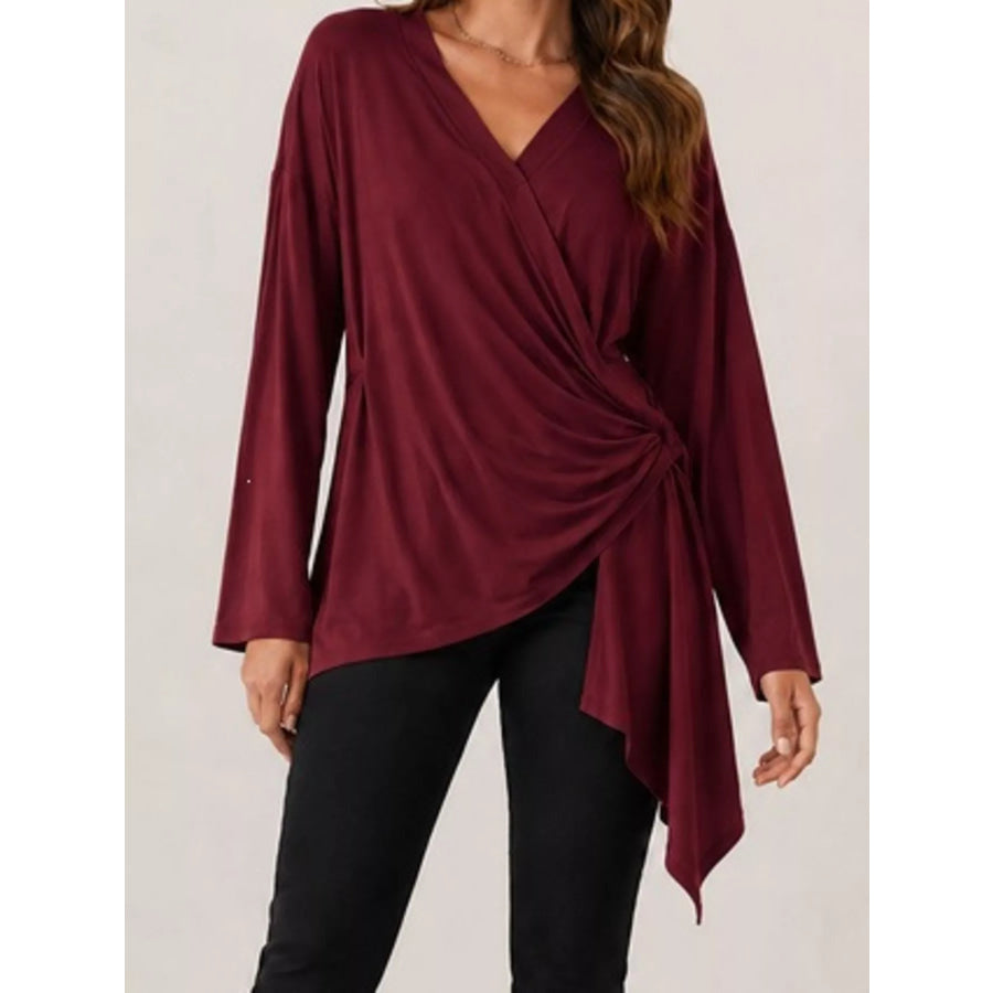 Long Sleeve Wrap T-Shirt with Side Knot Detail Burgundy / S Apparel and Accessories