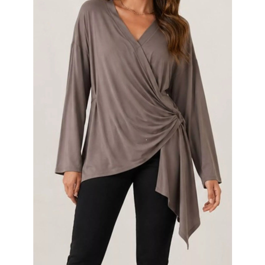 Long Sleeve Wrap T-Shirt with Side Knot Detail Gray / S Apparel and Accessories