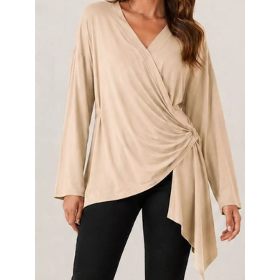 Long Sleeve Wrap T-Shirt with Side Knot Detail Khaki / S Apparel and Accessories