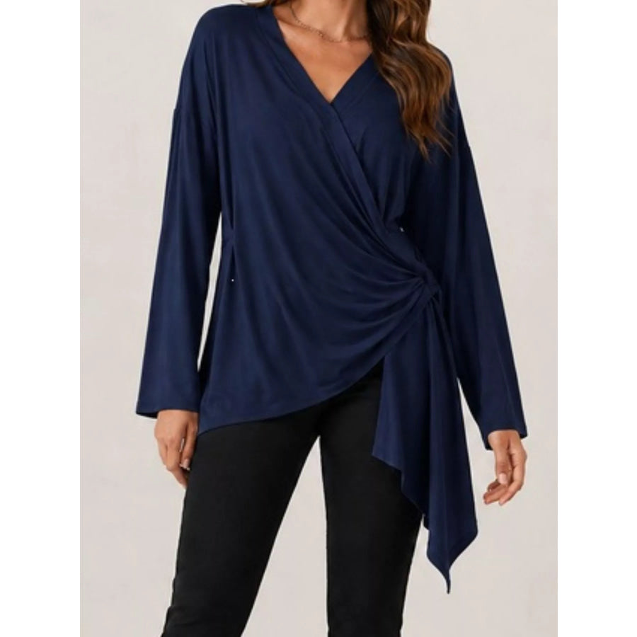 Long Sleeve Wrap T-Shirt with Side Knot Detail Navy / S Apparel and Accessories