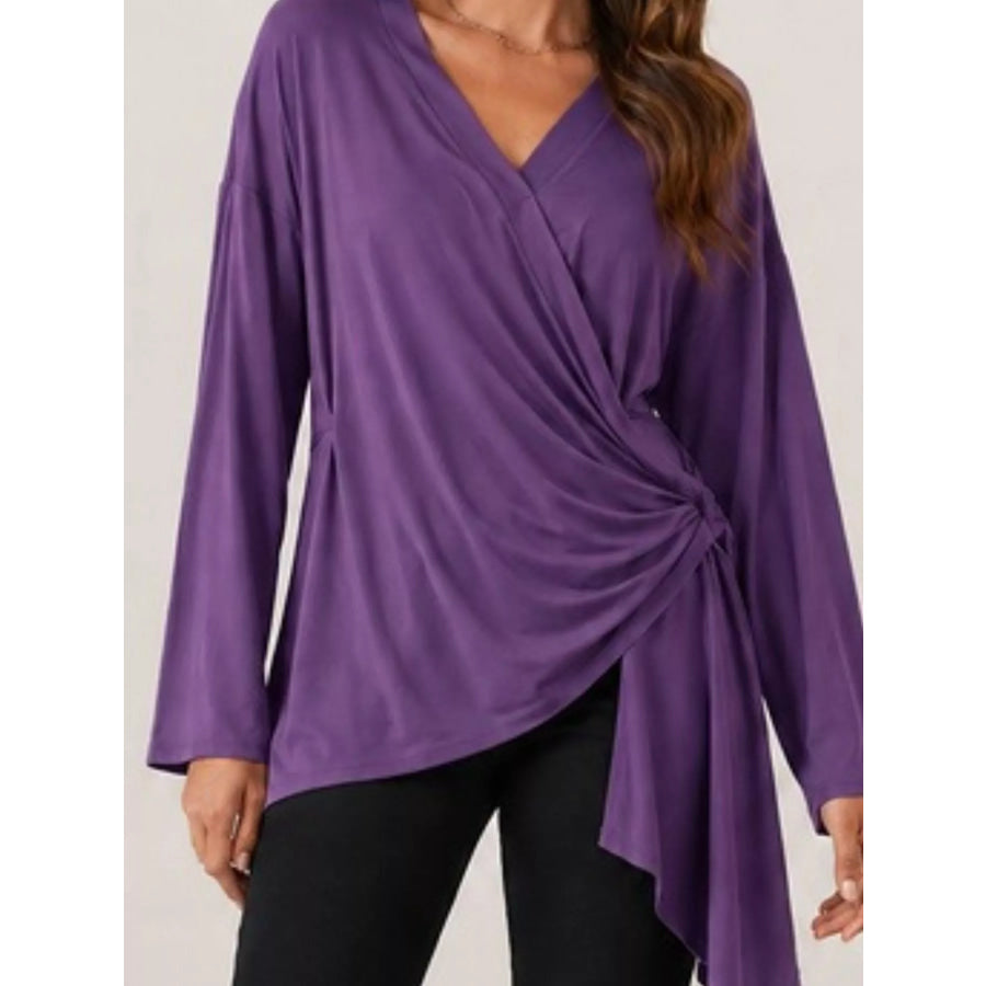 Long Sleeve Wrap T-Shirt with Side Knot Detail Purple / S Apparel and Accessories