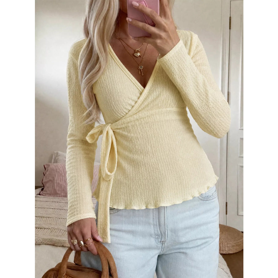 Long Sleeve Wrap T-Shirt with Side Tie Detail Apparel and Accessories