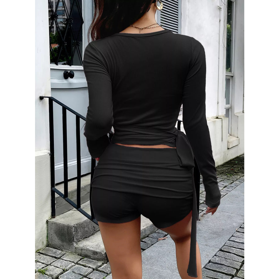 Long Sleeve Wrap Top and Shorts Set Apparel and Accessories
