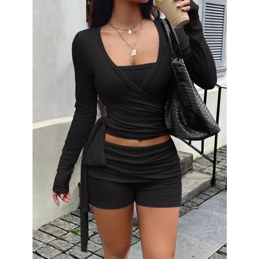 Long Sleeve Wrap Top and Shorts Set Black / S Apparel and Accessories