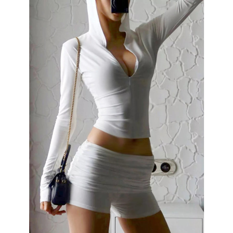 Long Sleeve Zip-Up Hoodie and Ruched Shorts Set Apparel and Accessories