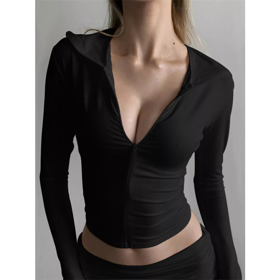 Long Sleeve Zip-Up Hoodie and Ruched Shorts Set Apparel and Accessories