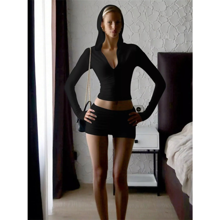 Long Sleeve Zip-Up Hoodie and Ruched Shorts Set Apparel and Accessories
