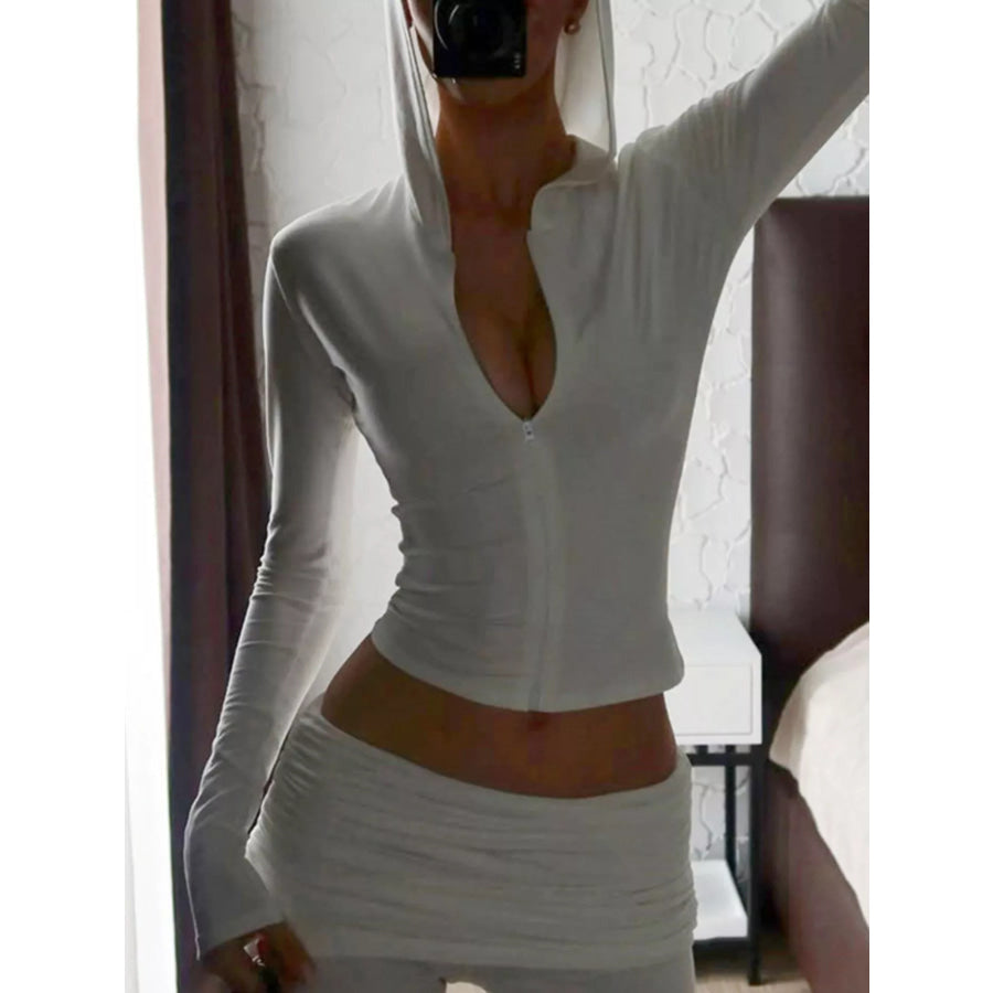 Long Sleeve Zip-Up Hoodie and Ruched Shorts Set Apparel and Accessories