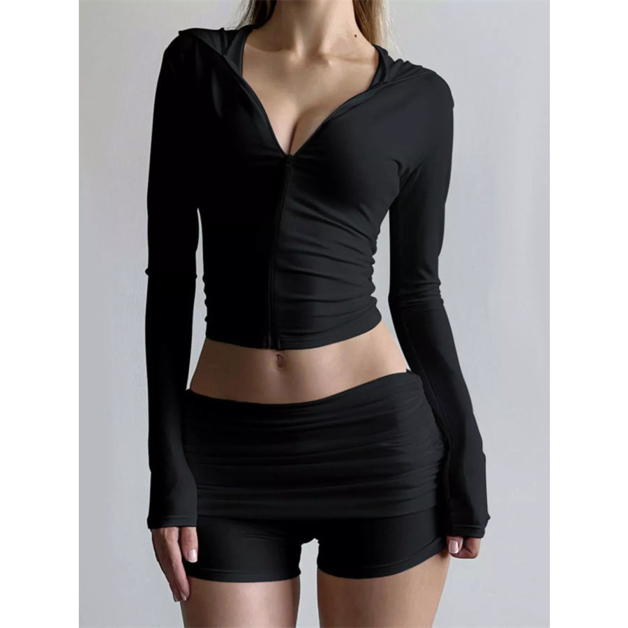 Long Sleeve Zip-Up Hoodie and Ruched Shorts Set Black / S Apparel and Accessories