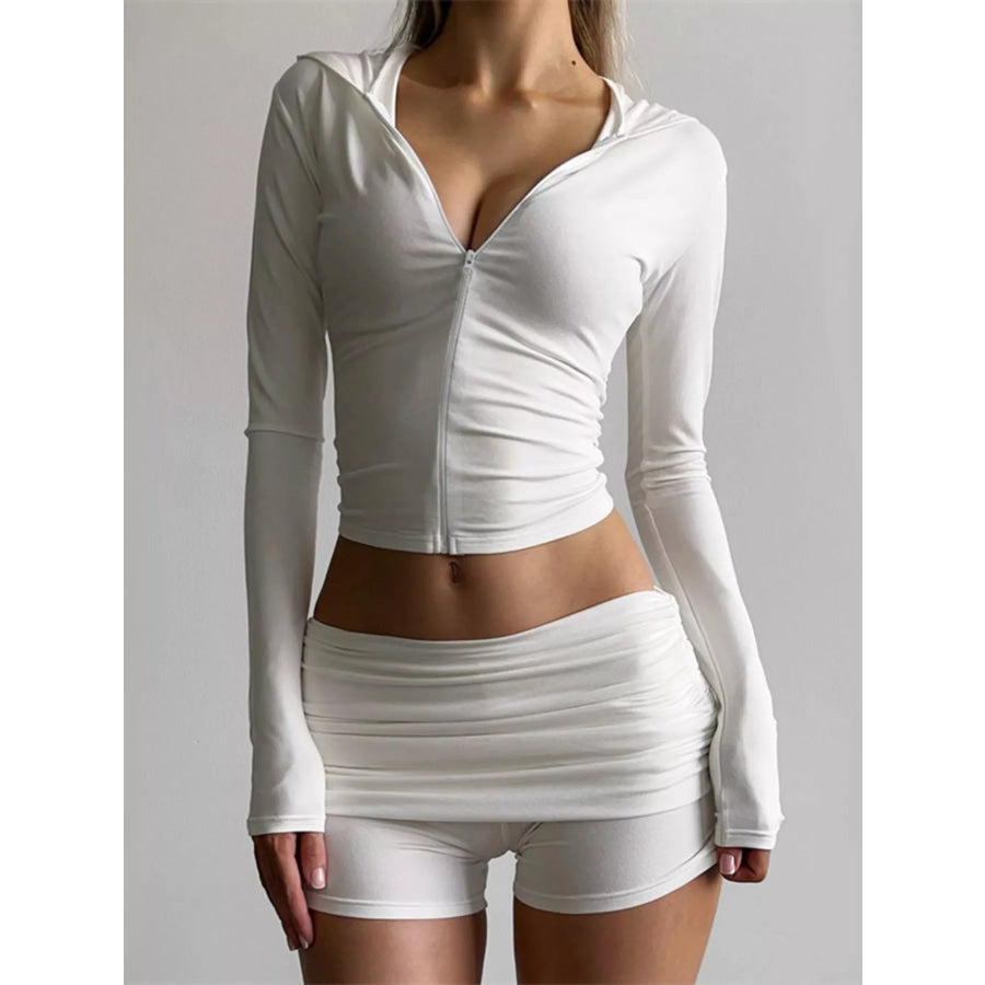 Long Sleeve Zip-Up Hoodie and Ruched Shorts Set White / S Apparel and Accessories