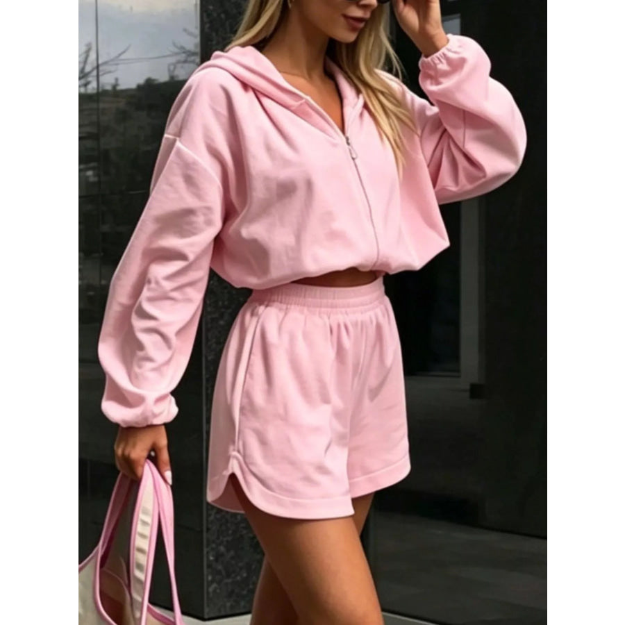 Long Sleeve Zip-Up Hoodie and Shorts Set Apparel and Accessories