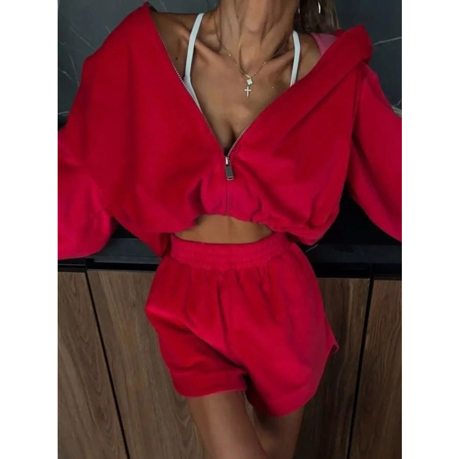 Long Sleeve Zip-Up Hoodie and Shorts Set Apparel and Accessories