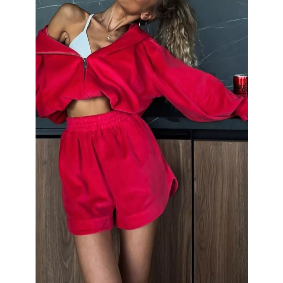 Long Sleeve Zip-Up Hoodie and Shorts Set Apparel and Accessories