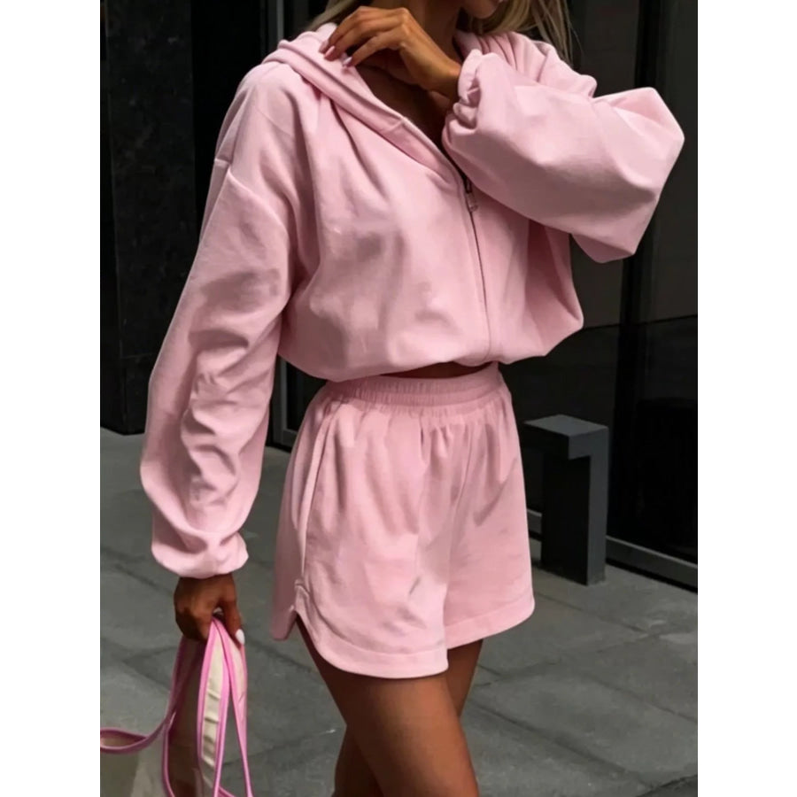 Long Sleeve Zip-Up Hoodie and Shorts Set Apparel and Accessories