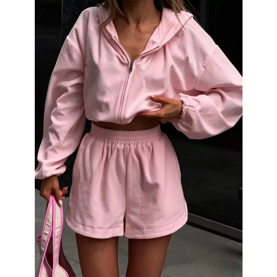 Long Sleeve Zip-Up Hoodie and Shorts Set Pink / S Apparel and Accessories