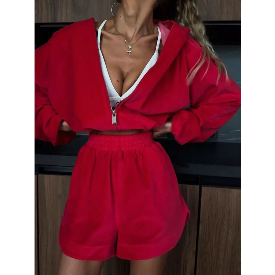 Long Sleeve Zip-Up Hoodie and Shorts Set Red / S Apparel and Accessories