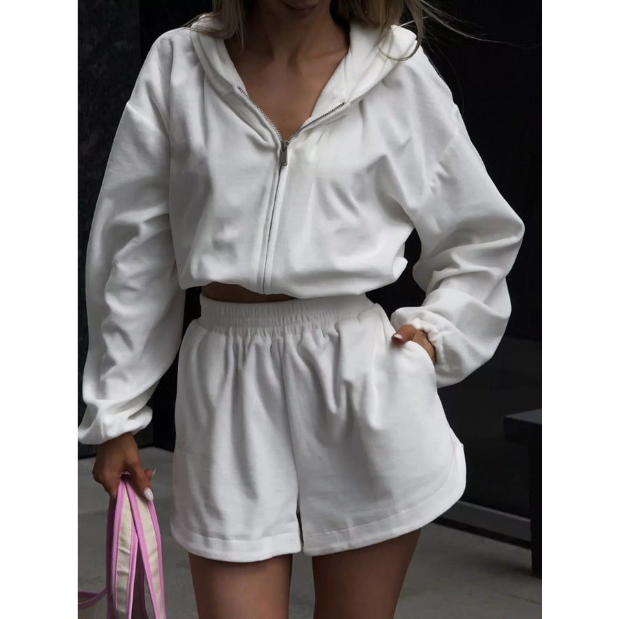 Long Sleeve Zip-Up Hoodie and Shorts Set White / S Apparel and Accessories