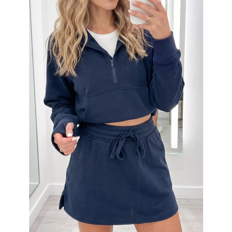 Long Sleeve Zip-Up Top Elastic Waist Skort Set Apparel and Accessories