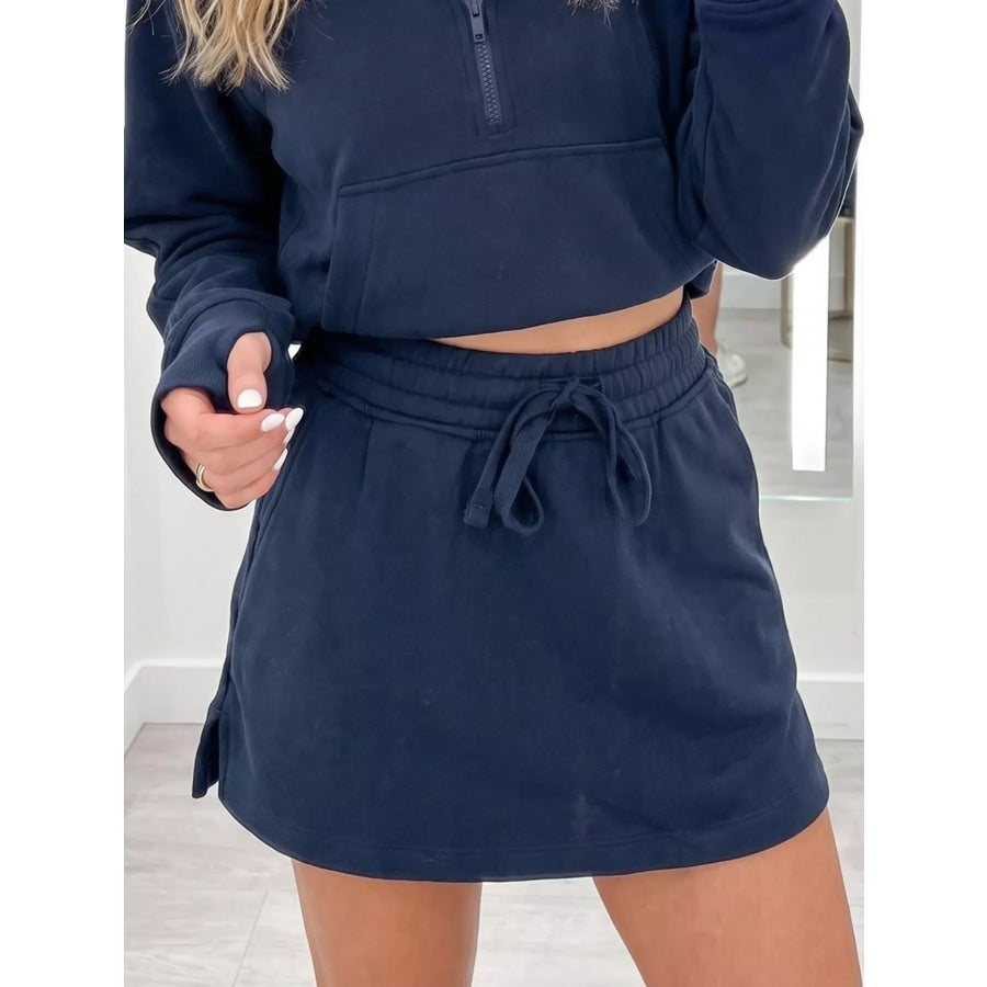 Long Sleeve Zip-Up Top Elastic Waist Skort Set Dark Navy / S Apparel and Accessories