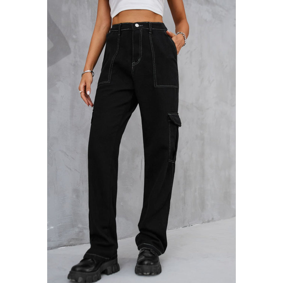 Long Straight Leg Jeans with Pockets Black/White / 2XL