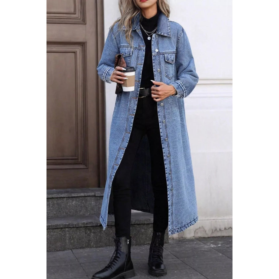 Longline Button-Down Denim Jacket Blue / S Apparel and Accessories