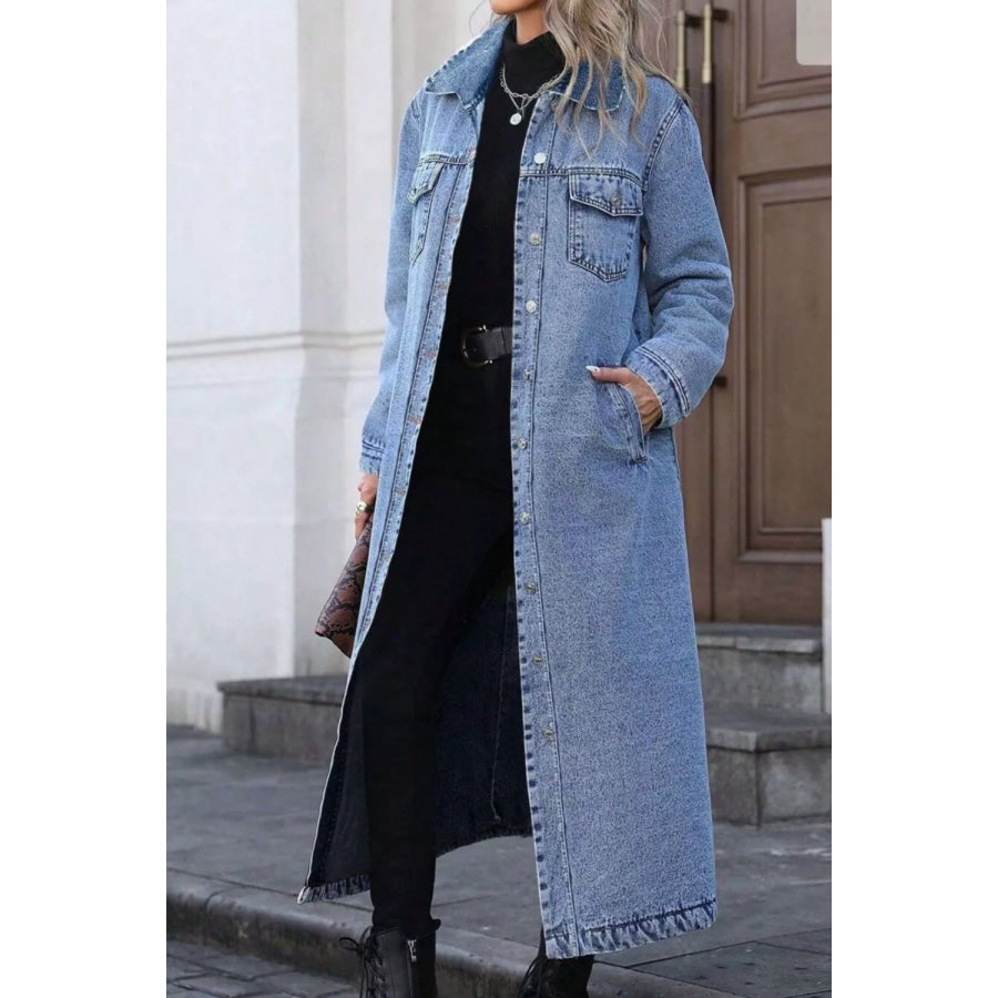 Longline Button-Front Denim Jacket Apparel and Accessories