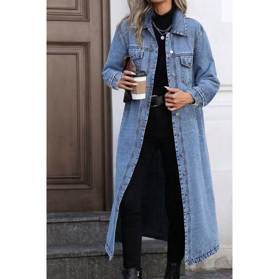 Longline Button-Front Denim Jacket Apparel and Accessories