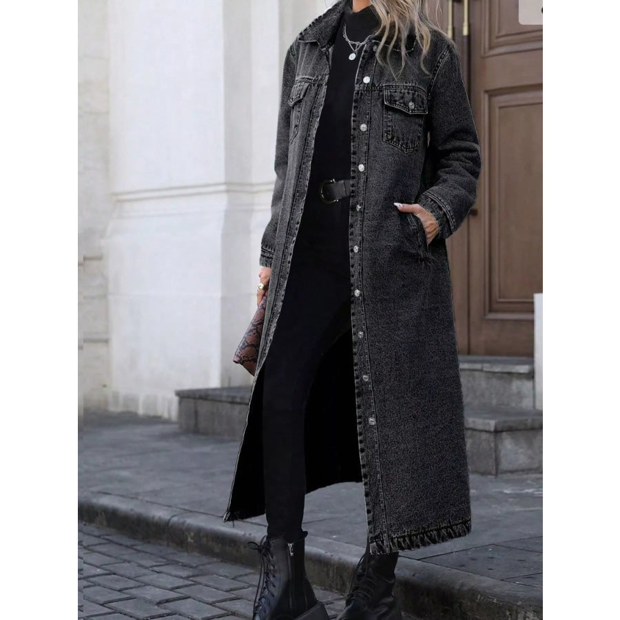 Longline Button-Front Denim Jacket Apparel and Accessories