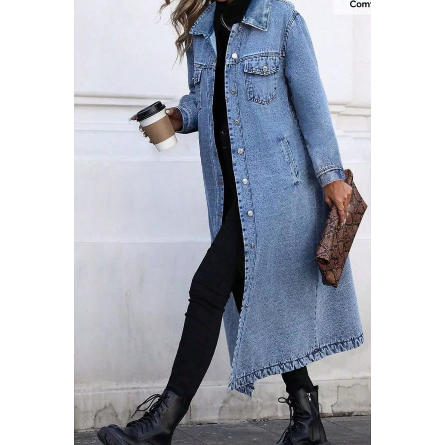 Longline Button-Front Denim Jacket Apparel and Accessories