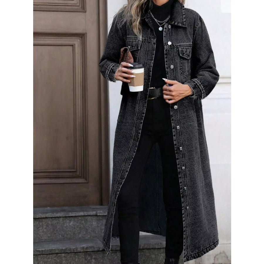 Longline Button-Front Denim Jacket Apparel and Accessories