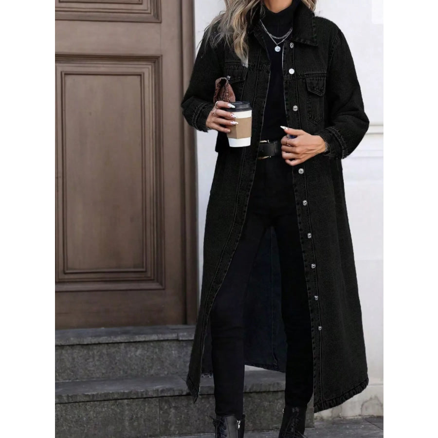 Longline Button-Front Denim Jacket Black / S Apparel and Accessories