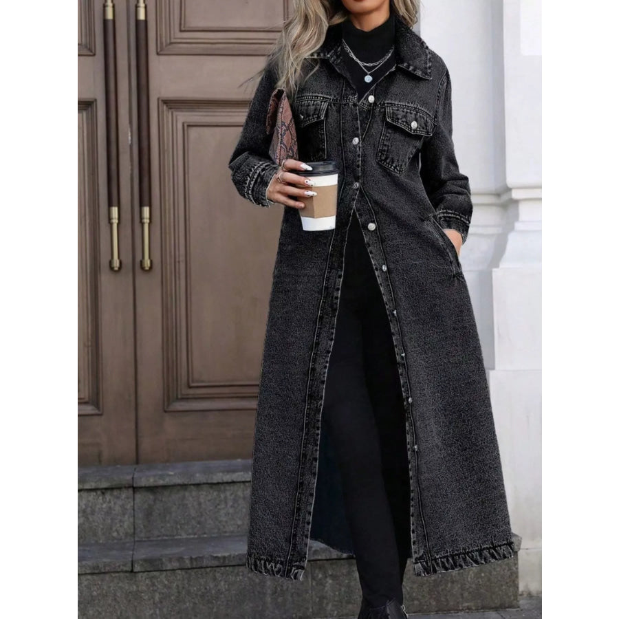 Longline Button-Front Denim Jacket Dark Gray / S Apparel and Accessories