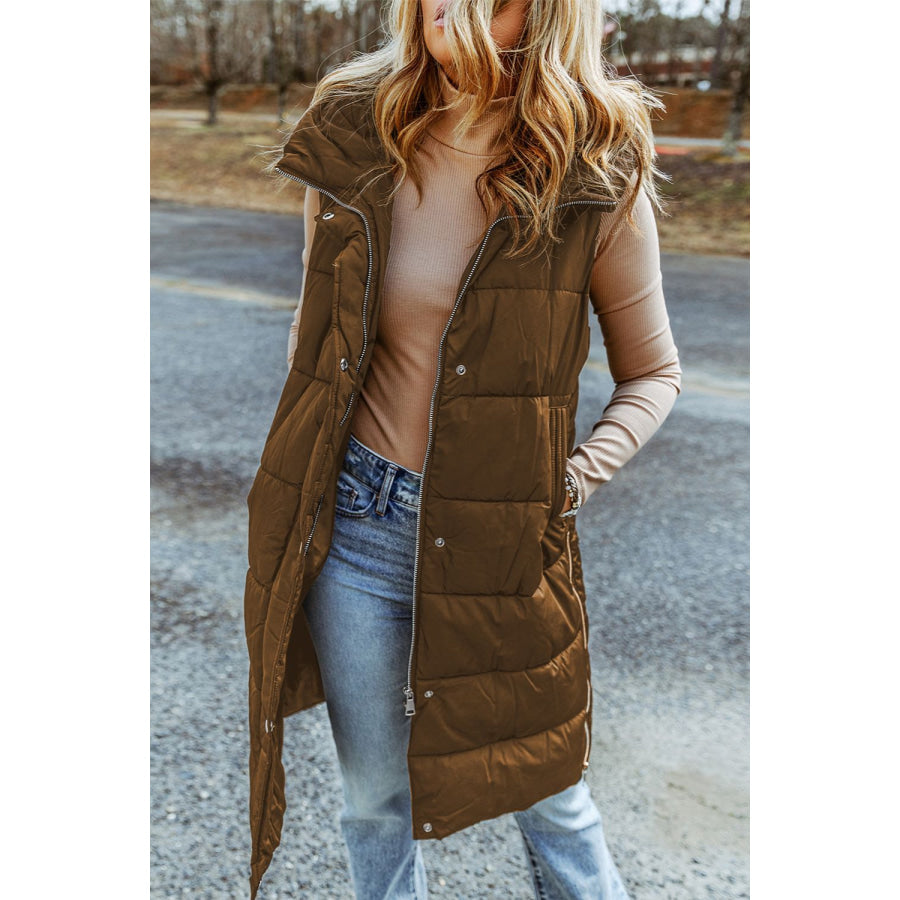 Longline Hooded Sleeveless Puffer Vest Chestnut / S Apparel and Accessories