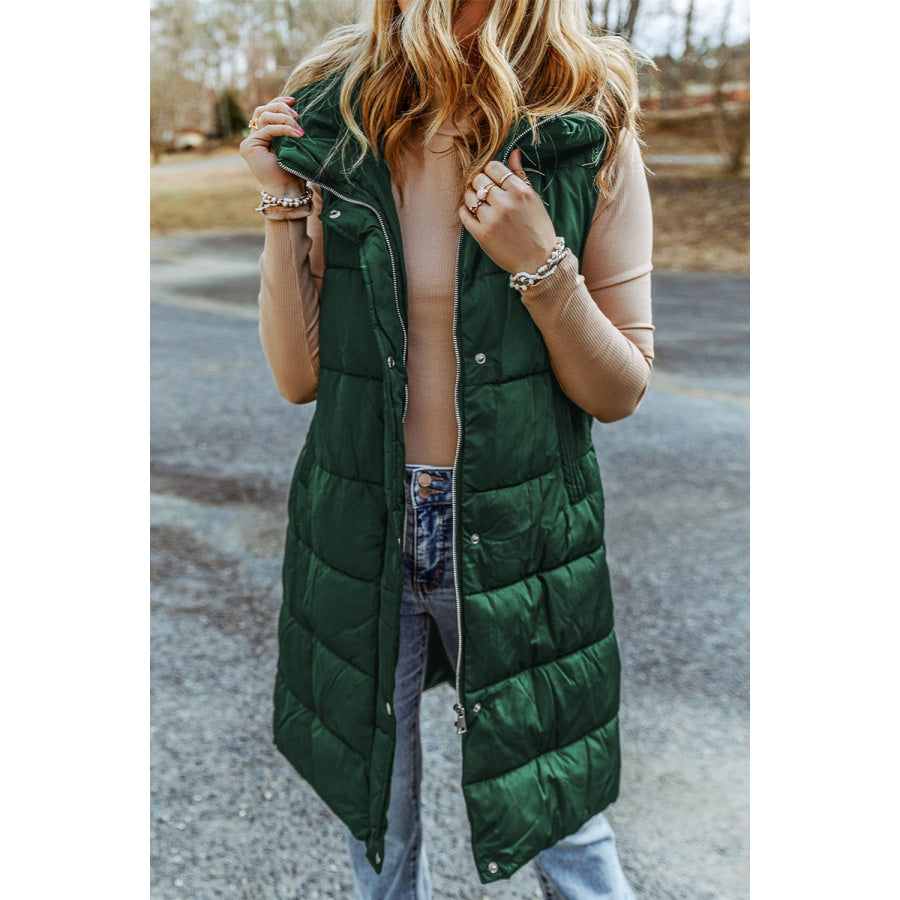 Longline Hooded Sleeveless Puffer Vest Green / S Apparel and Accessories