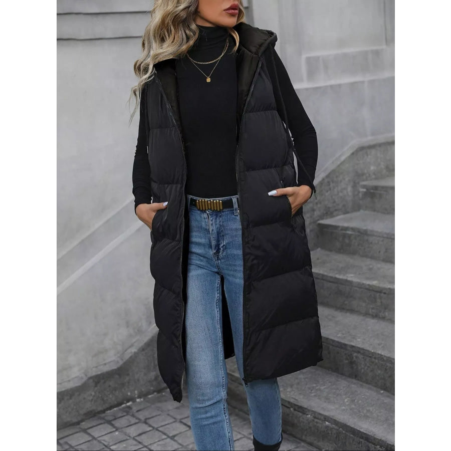 Longline Padded Hooded Vest Coat Black / S Apparel and Accessories
